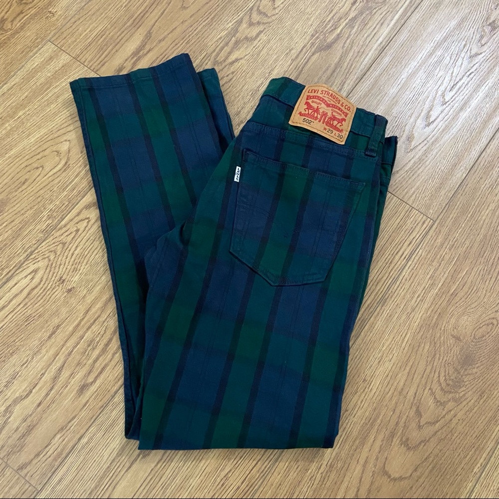 Levis 502 Tapered Jeans Mens 29 x 30 Green Blue Tartan Plaid